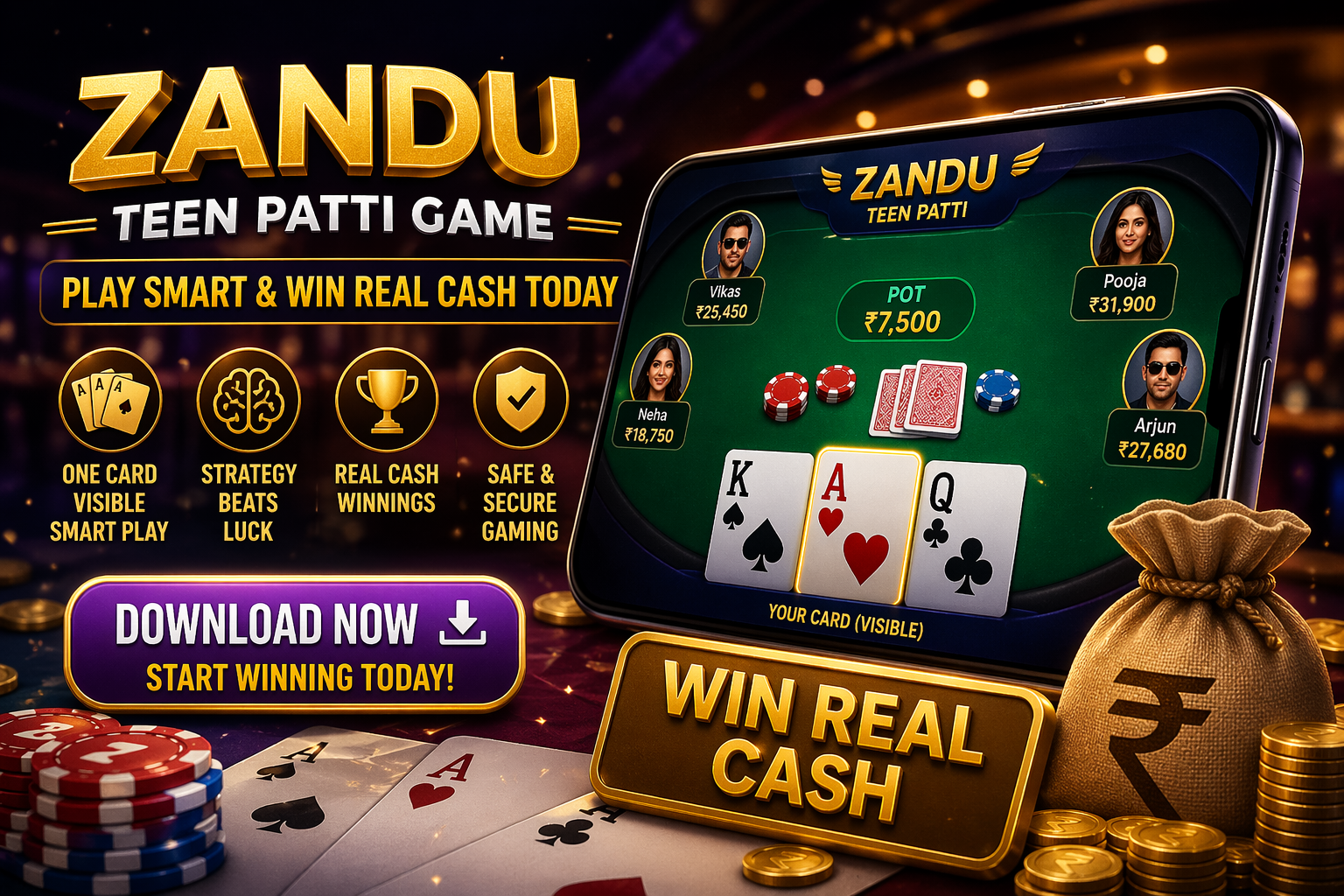 Zandu Teen Patti Game Download – Play Smart & Win Real Cash Today
