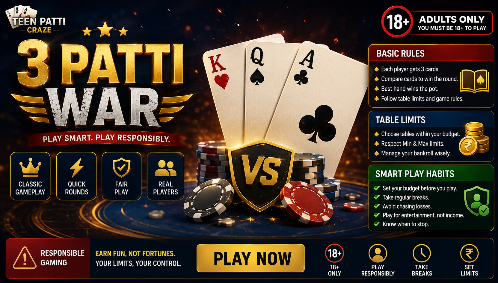 3 Patti War for Adults 18+: Rules, Limits & Smart Play Habits